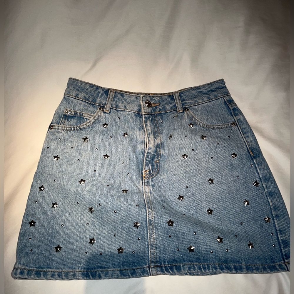 denim skirt with silver star accents